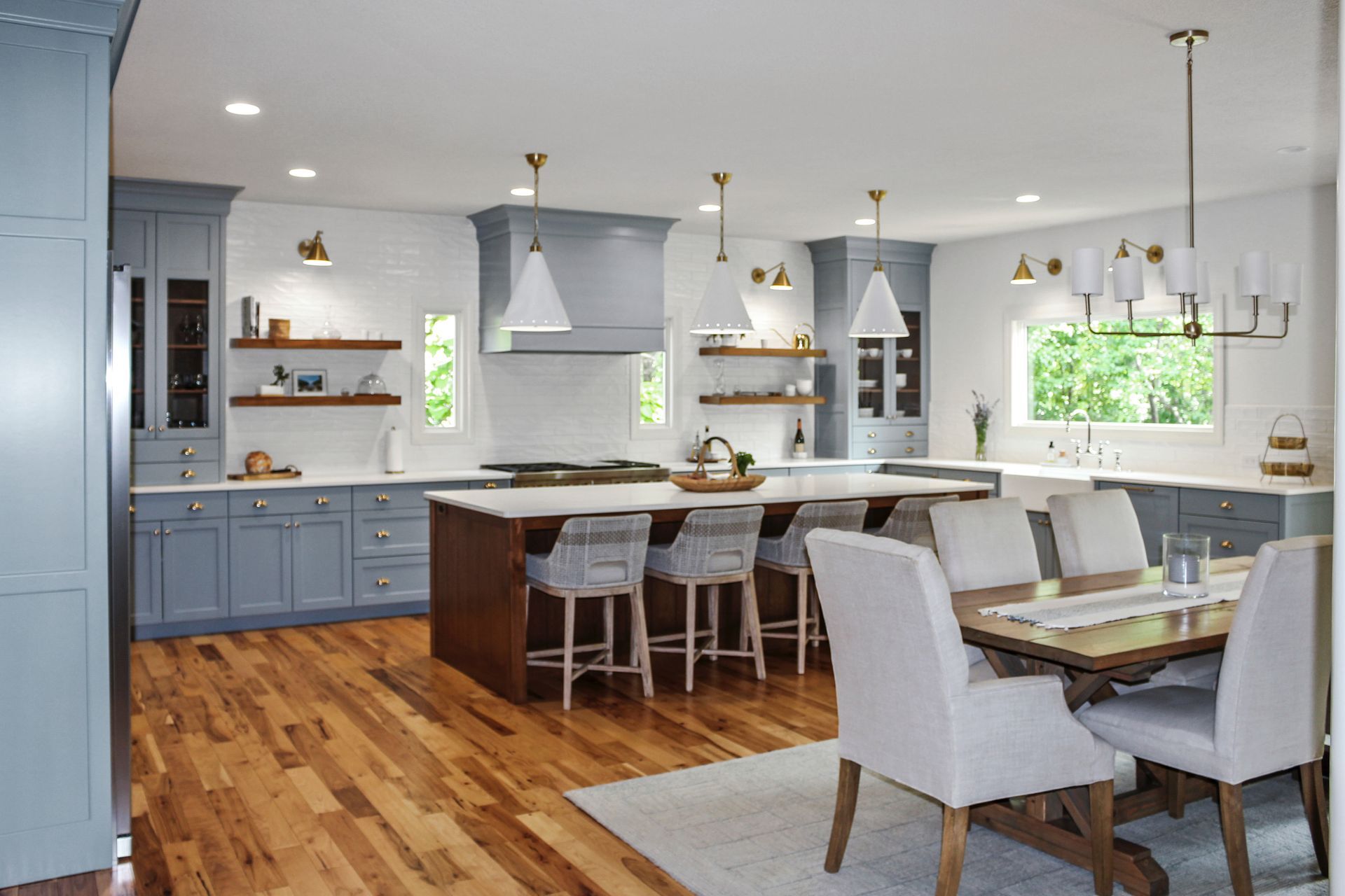 Custom slate blue kitchen with large island in a Columbia MO home. 