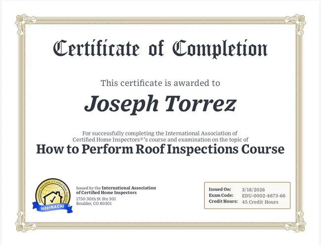 InterNACHI roof inspection Cert Joe Torrez