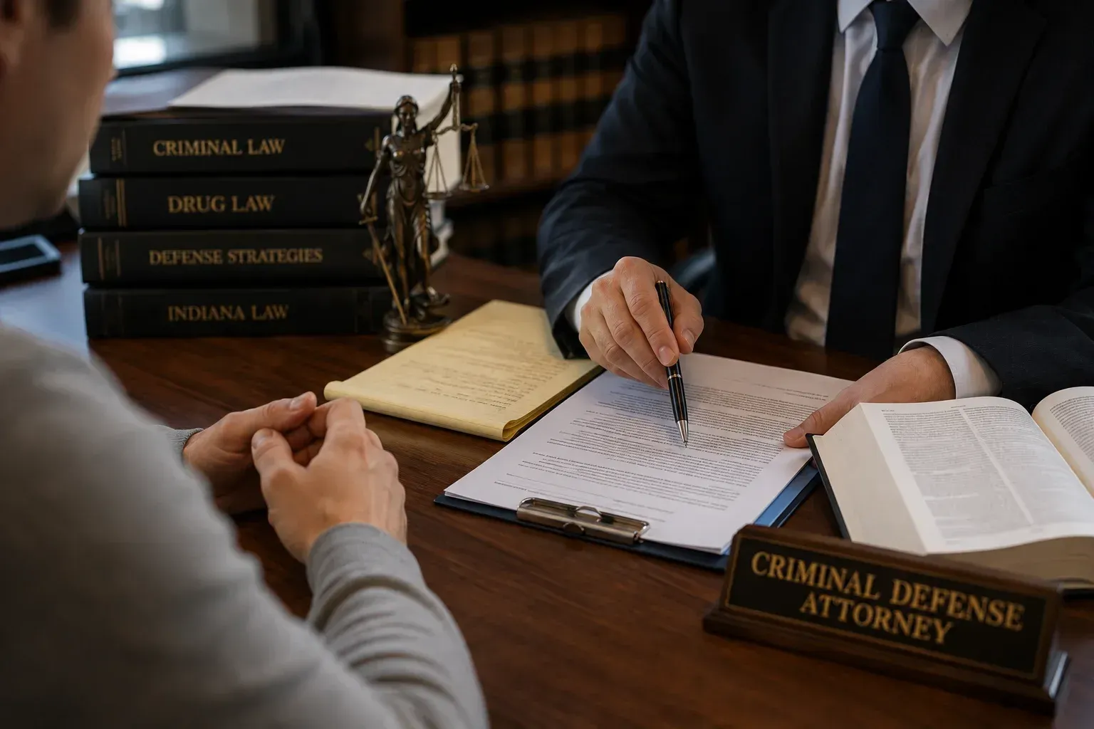 A criminal defense attorney reviewing case documents regarding drug possession charges.
