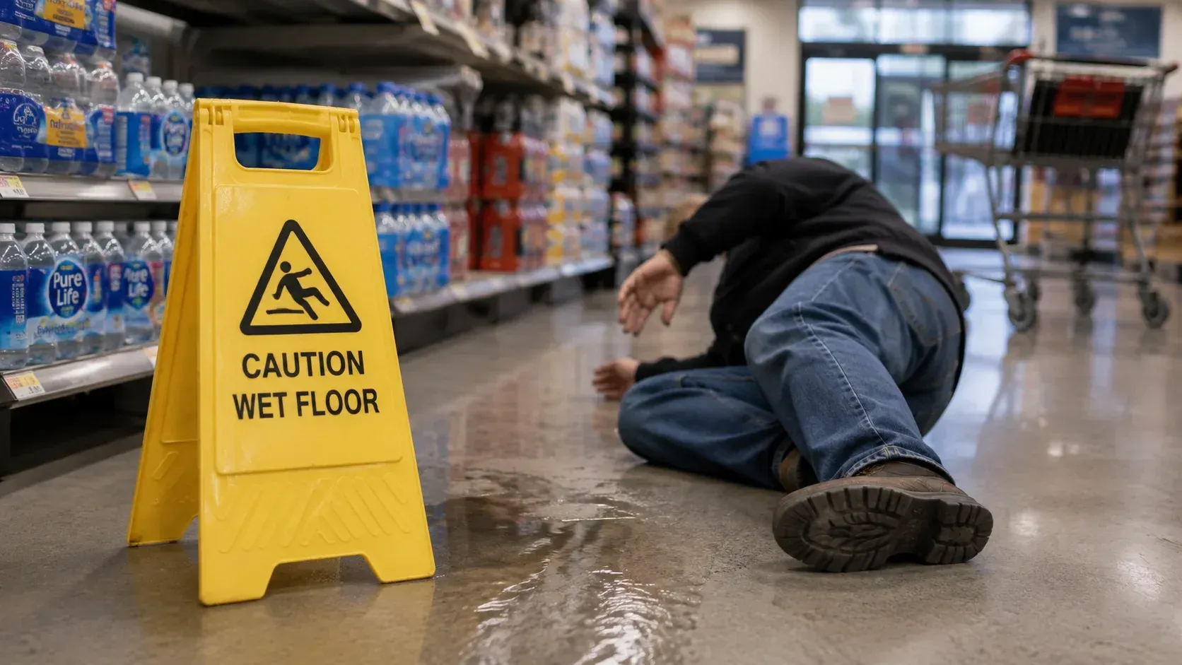 A person lying on a wet store floor next to a caution sign after a slip-and-fall accident.