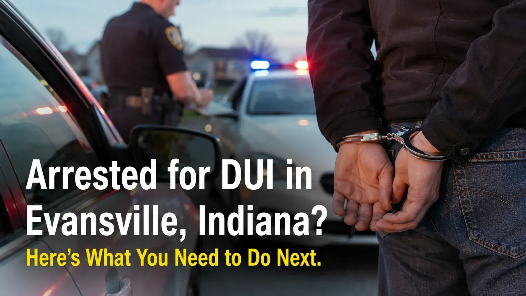 Rear view of a person in handcuffs next to a police car, answering the question: what should you do if you're arrested for DUI?