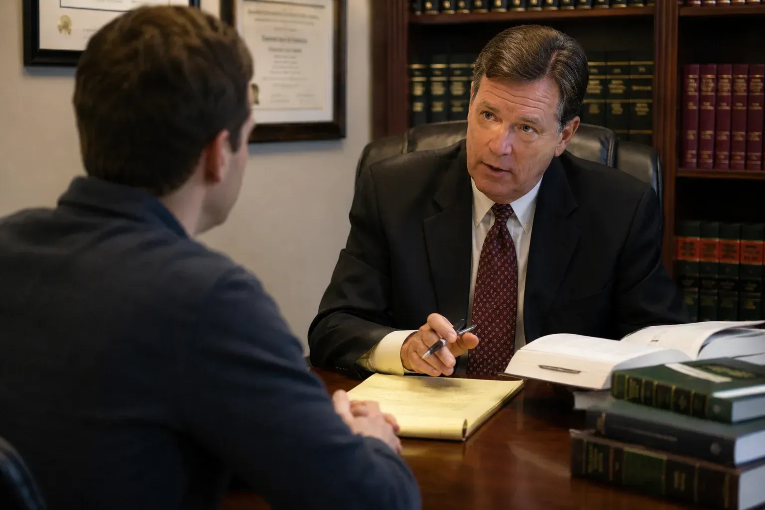 Attorney discussing a case with a client, illustrating what should you do if you're arrested for DUI