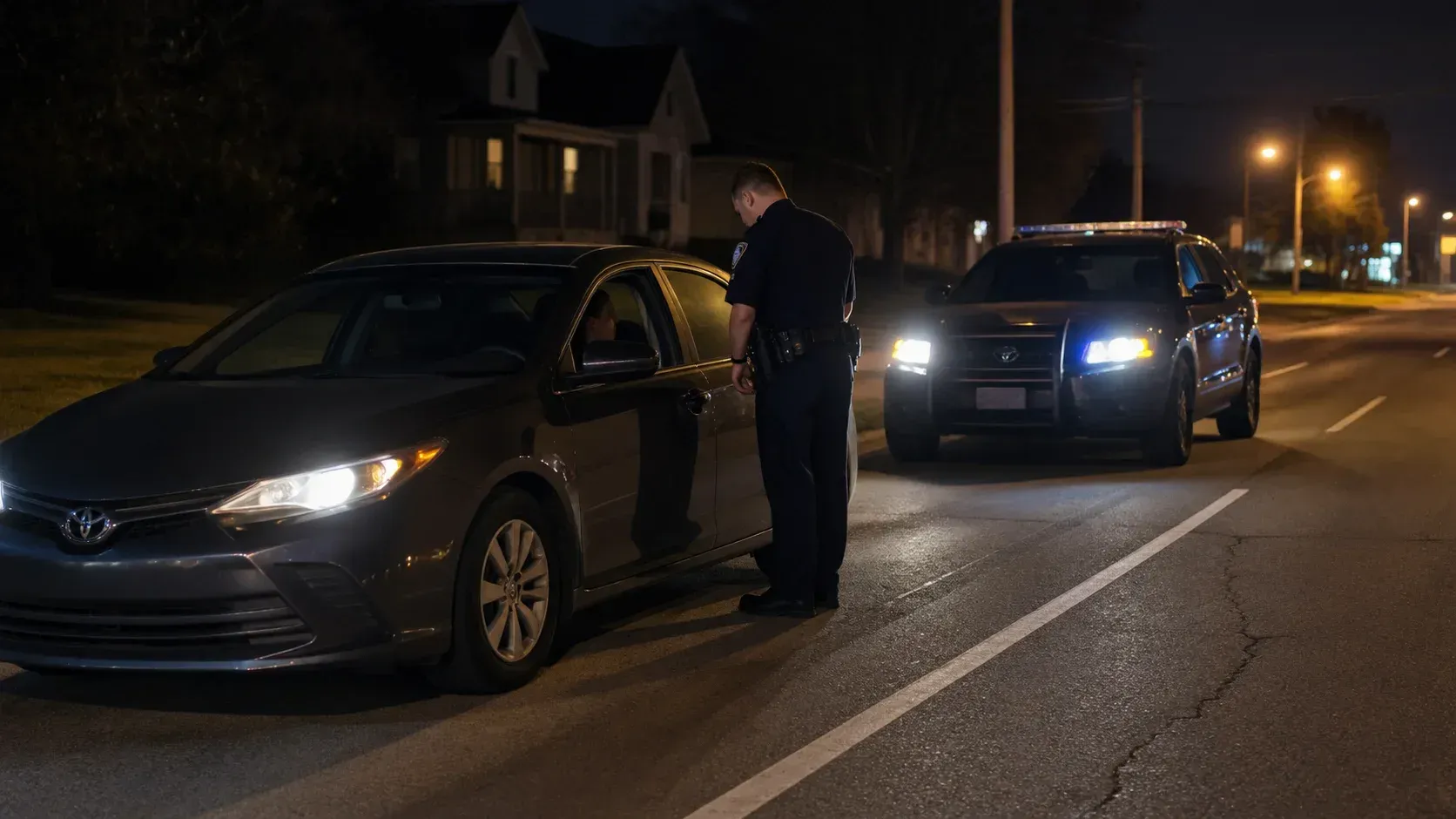 Police officer conducting a night traffic stop to illustrate: Can Indiana Police Legally Pull You Over for Driving Too Slowly Late at Night in Evansville?