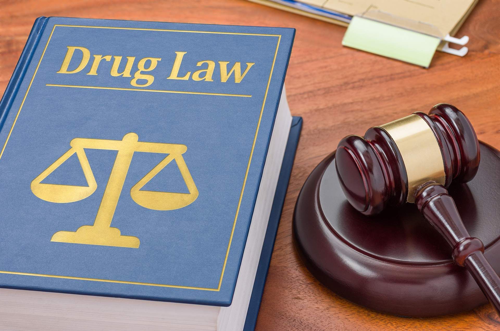 A blue book titled drug law next to a judge 's gavel