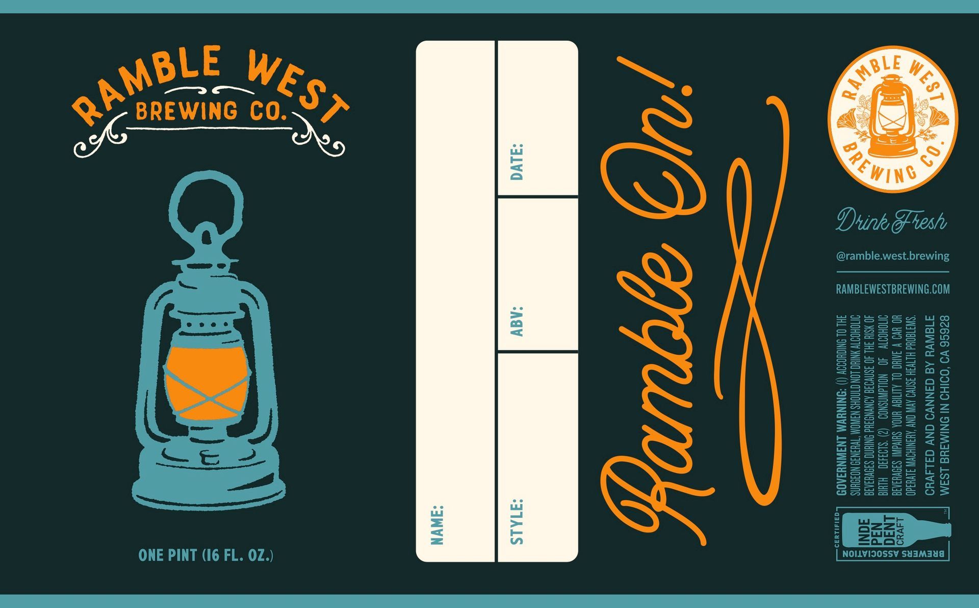 A label for ramble west brewing company with a lantern on it