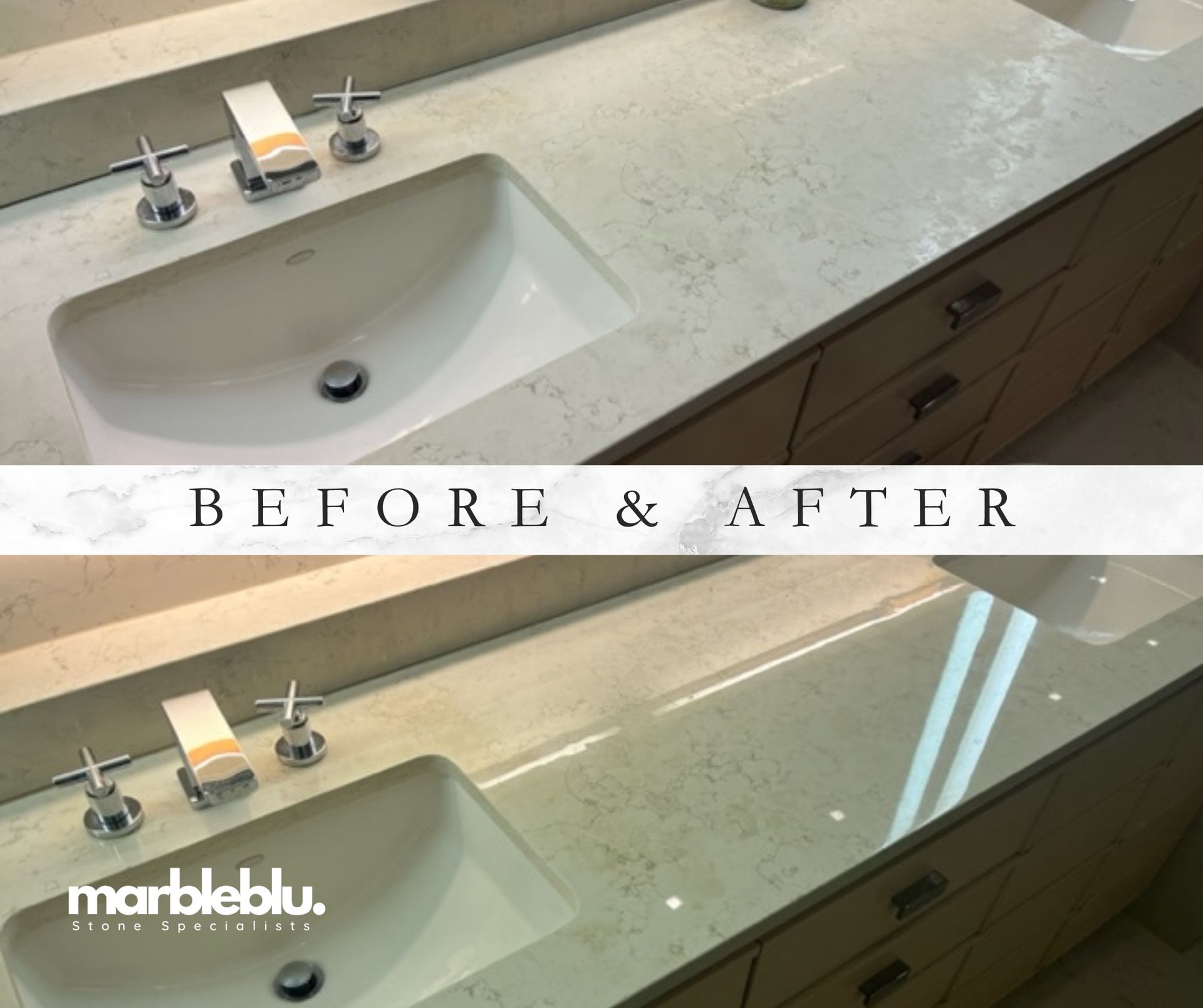 Comparison of bathroom countertop: Before (rough) and After (polished).