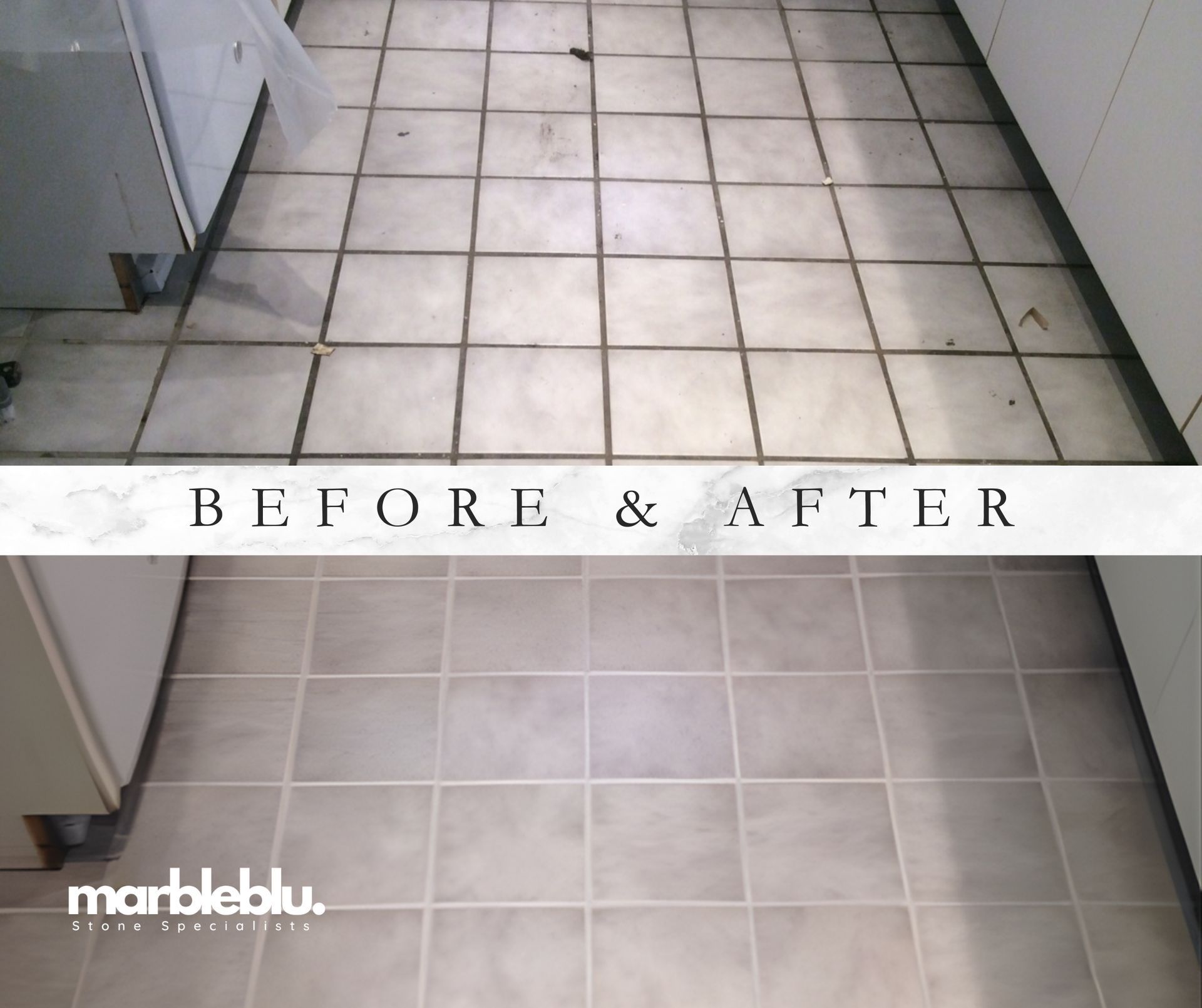Before and after of tile floor cleaning. The tiles and grout are brighter in the “after” image.