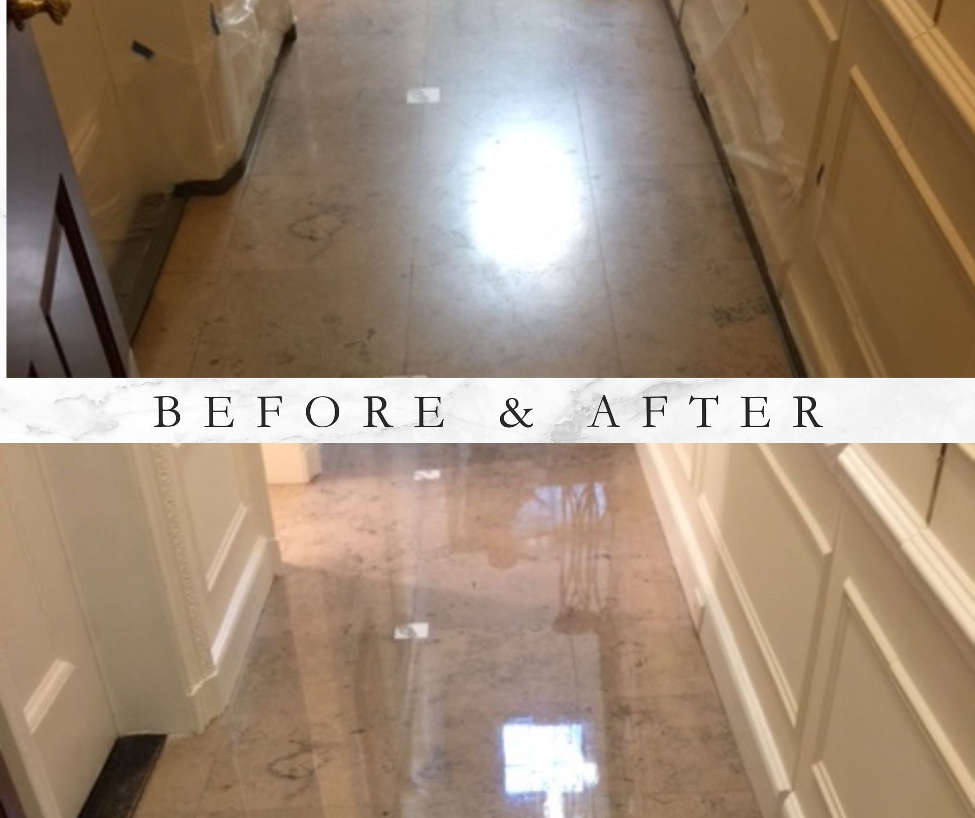 Before and after view of a hallway with marble flooring, showing a polished shine after refinishing.