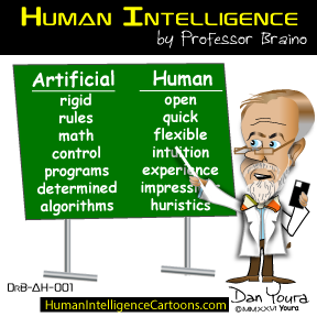 Cartoon board comparing “Artificial” and “Human” intelligence, beside a professor character at a chalkboard.