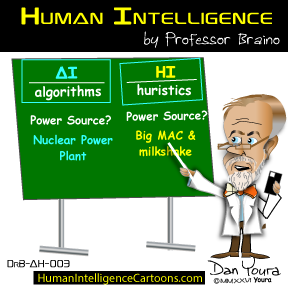 Cartoon chalkboard comparing AI algorithms and HI heuristics, with a professor pointing beside it.