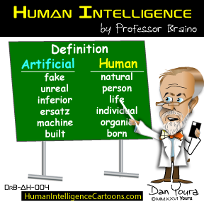 Cartoon professor beside green board comparing artificial and human intelligence definitions
