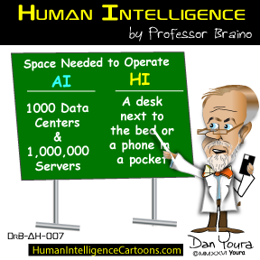 Cartoon whiteboard comparing AI’s huge server needs to HI needing just a desk, phone, or pocket.