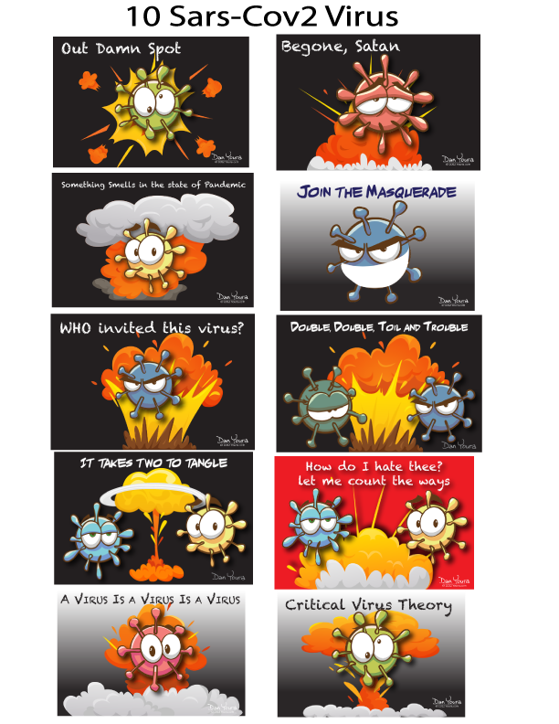 10-panel comic of SARS-CoV-2 virus cartoons with captions, showing variants, masks, and explosive scenes