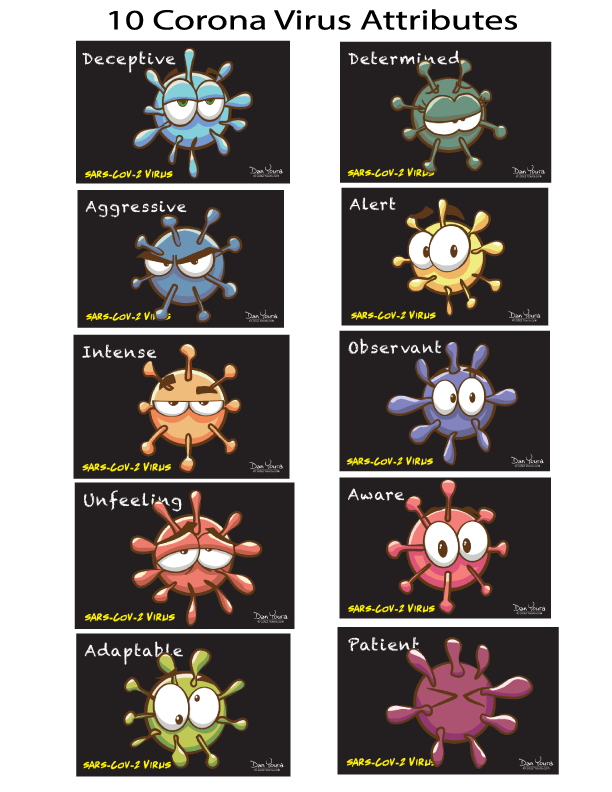 Poster titled “10 Corona Virus Attributes” with cartoon virus icons labeled deceptive, aggressive, polite, vigilant, etc.