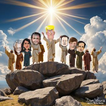 Caricature of leaders standing on rocks under a bright sun and blue sky with clouds.