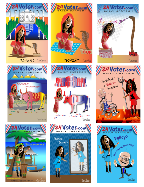 Grid of nine colorful political poster-style graphics with caricature figures and election slogans.