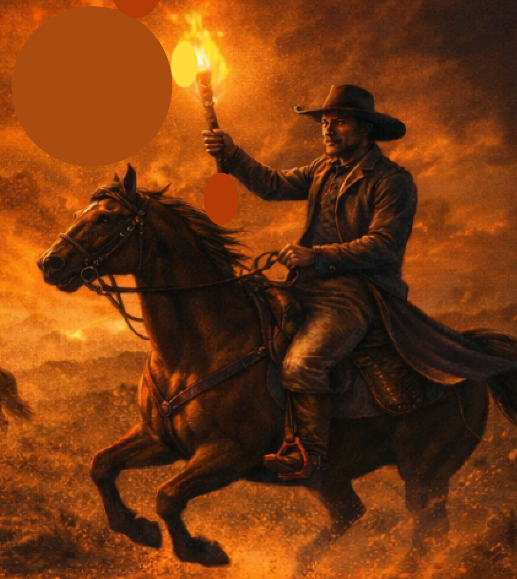 Cowboy on horseback holding a torch, riding through a fiery orange dust storm at night