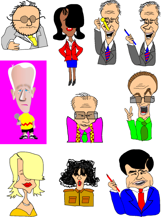Cartoon collage of nine quirky characters with varied outfits and expressions on a white background