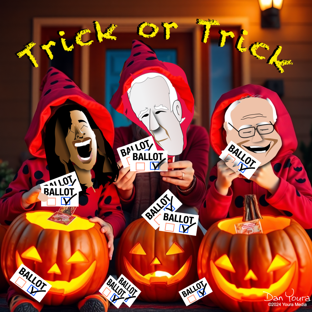 Three people in Halloween costumes hold “Ballot” signs behind jack-o’-lanterns under “Trick or Trick” text.