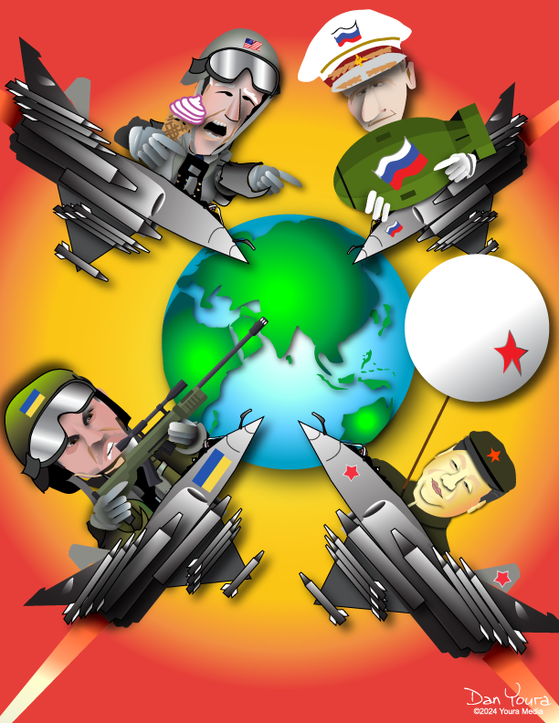 Cartoon jets from several nations circle a globe on a fiery red background, symbolizing armed conflict.