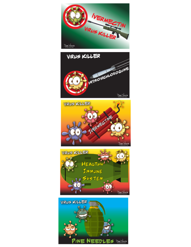 Vertical collage of five colorful game level thumbnails with cartoon virus characters and titles