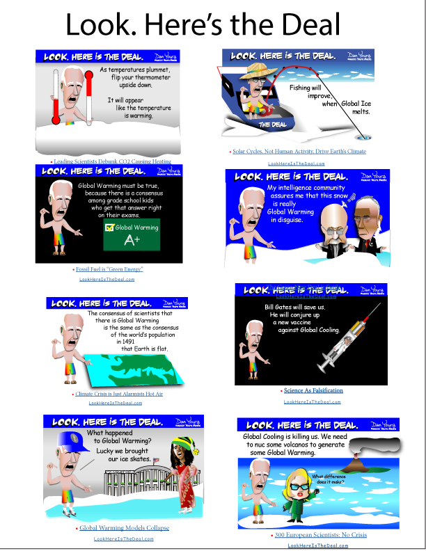 Political comic collage titled “Look. Here’s the Deal” with multiple panels about vaccines and public figures.