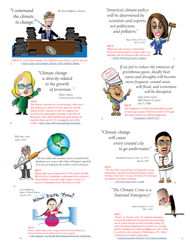 Collage of cartoon figures with quotes about climate change, including a globe and protest-style scenes.