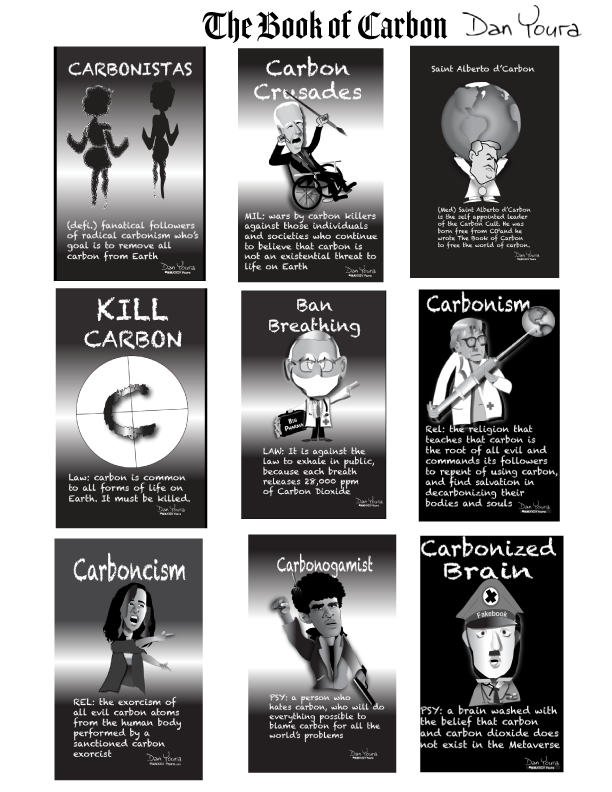 Book cover collage titled “The Book of Carbon,” showing nine black-and-white cartoon panels about carbon forms.