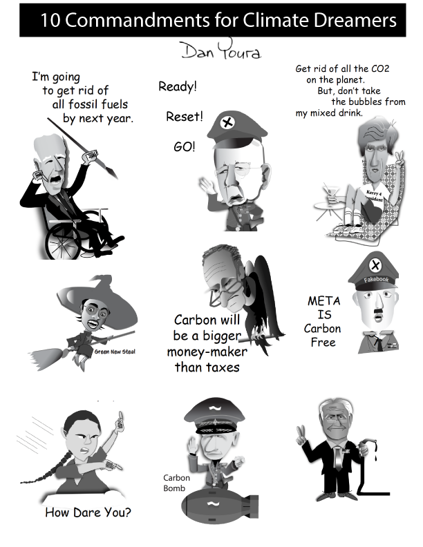 Cartoon “10 Commandments for Climate Dreamers” with multiple figures and slogans about eco-fantasy politics.
