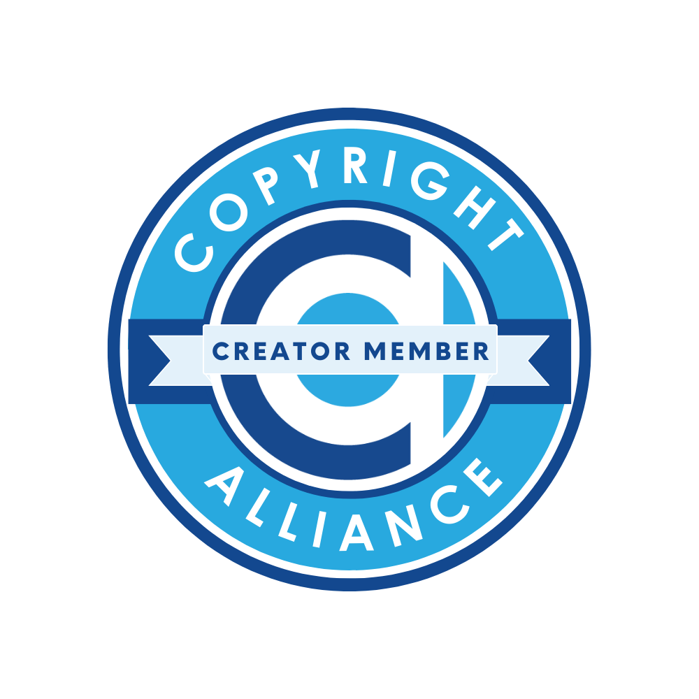 Blue and white Copyright Alliance Creator Member emblem with circular C logo