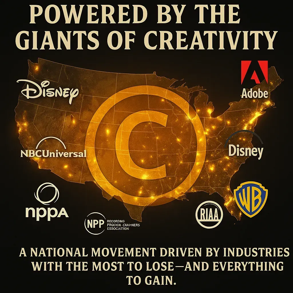 Poster with copyright symbol, logos, and text: “Powered by the giants of creativity.”