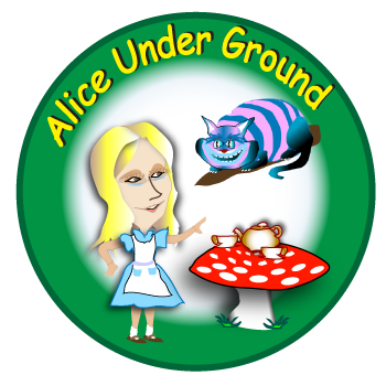 Alice in Wonderland logo with Alice, Cheshire cat, and mushroom on a green circle