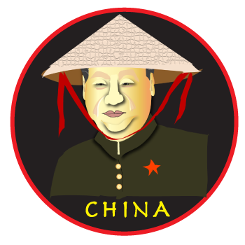 Stylized portrait of a person in a conical hat and black uniform, with red accents and “CHINA” text below