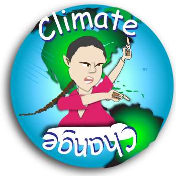 Cartoon climate-change protest logo with raised fist, green Earth, and the word “Climate” on blue background