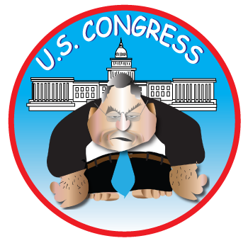 Cartoon of a crouching U.S. Congress figure in a red circle, with Capitol and “U.S. CONGRESS” text above.