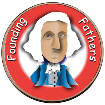 Red circular logo with a cartoon founding father in blue coat and the words “Founding Fathers” around it