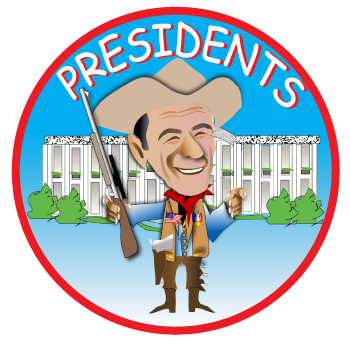 Cartoon of a smiling president in cowboy hat holding a rifle in front of the White House, with “PRESIDENTS” text.
