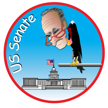 US Senate logo with a cartoon bird perched above the Capitol and a red border
