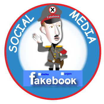 Fakebook logo with a cartoon soldier waving inside a blue circle labeled “SOCIAL MEDIA” and “MEDIA”