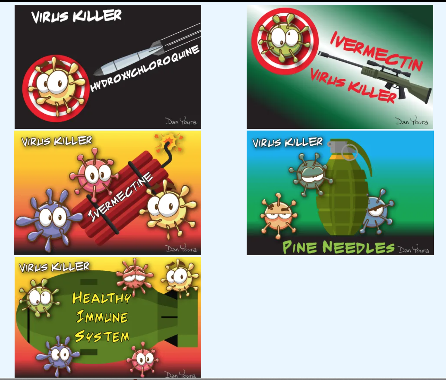 Collage of cartoon germs labeled virus killers, showing herbicide, ivermectin, and pine needles against viruses.