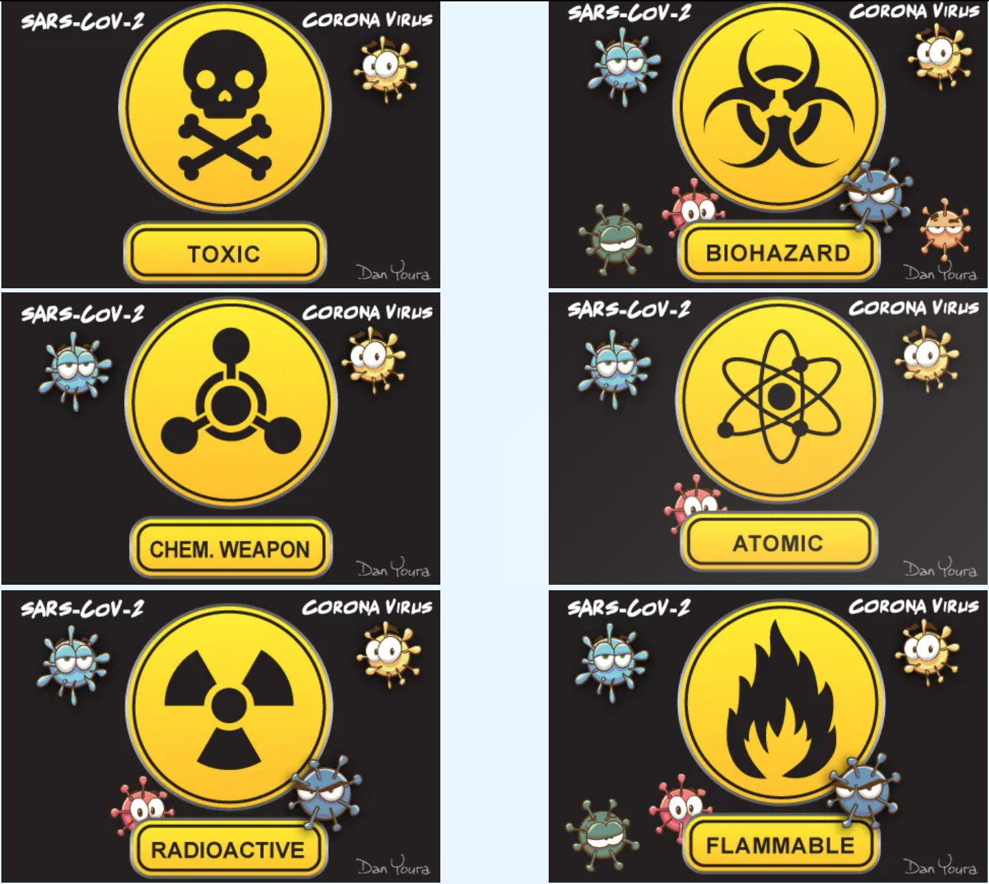Six hazard icons labeled toxic, biohazard, chem weapon, atomic, radioactive, and flammable, with virus symbols nearby