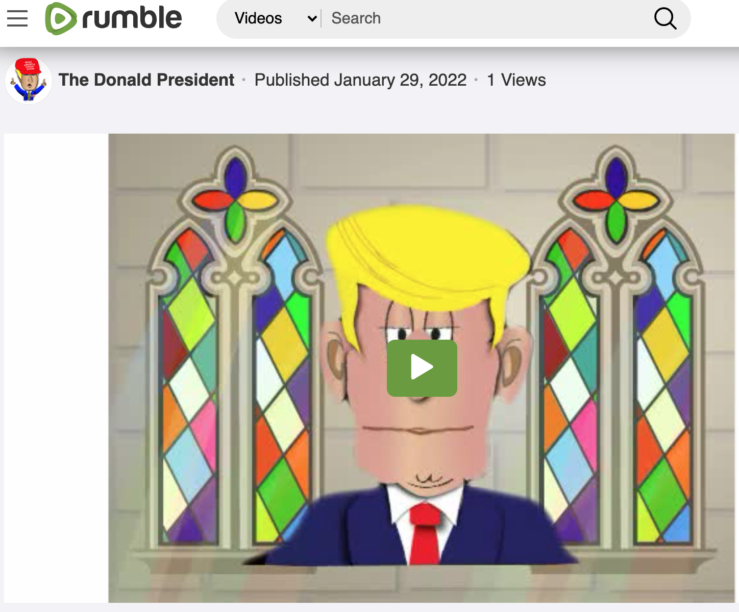 Cartoon of Donald Trump in a church-like window frame with a play button overlay
