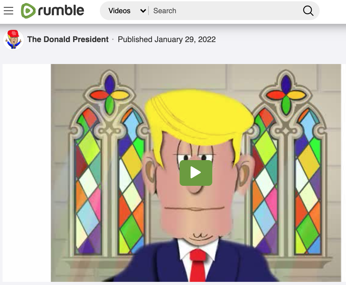 Cartoon blond man in suit with play button over his face, framed by colorful stained-glass windows.