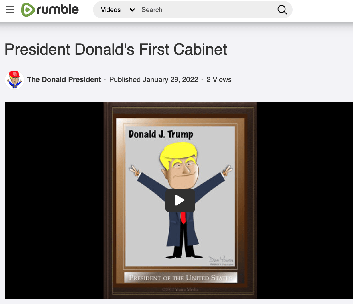 Framed cartoon portrait of Donald Trump with arms raised, titled “President Donald’s First Cabinet”