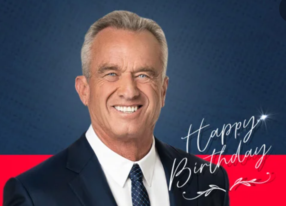 Smiling man in suit with “Happy Birthday” text on blue background