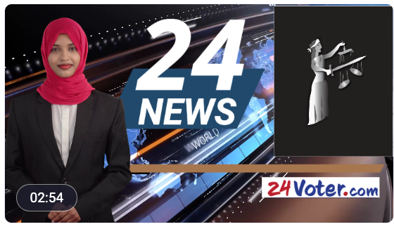 News presenter in red hijab beside “24 NEWS” graphic and 24Voter.com logo, with 02:54 timestamp
