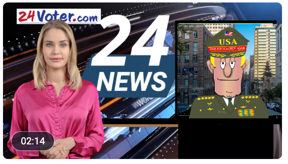 24 News thumbnail with pink-shirt anchor and inset cartoon USA map on a city street