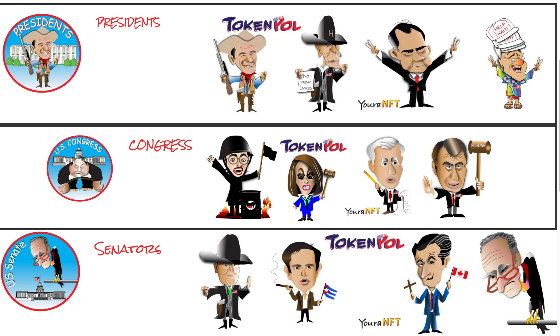 Three horizontal panels with cartoon character lineups and small circular logos on the left.