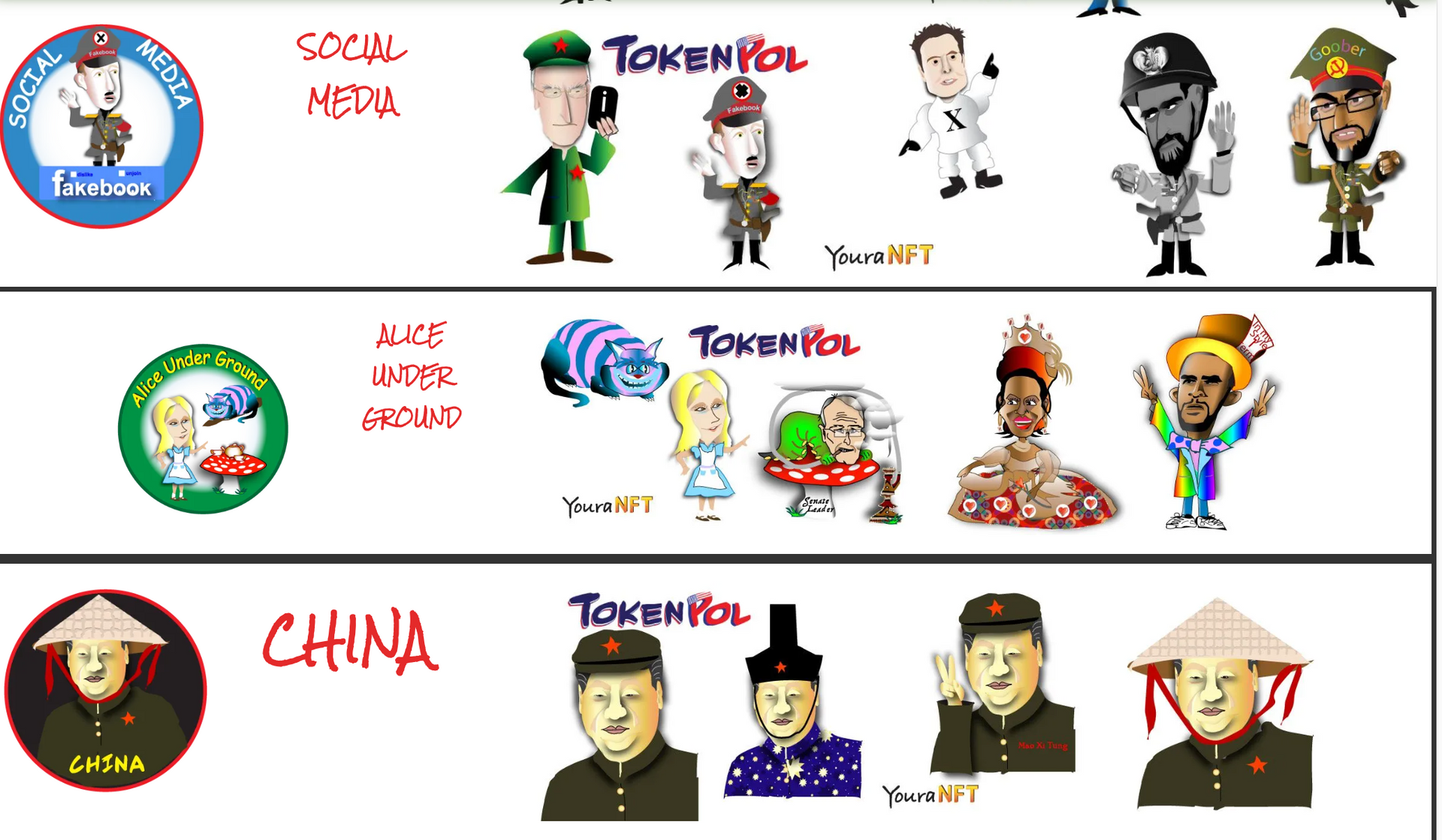 Three-panel infographic comparing social media, Tokyo, and China with cartoon figures in each section