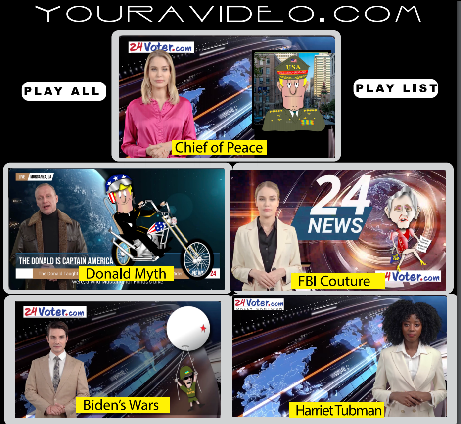 Website thumbnail grid for five videos: Chief of Peace, Donald Myth, FBI Couture, Biden’s Wars, and Harriet Tubman.